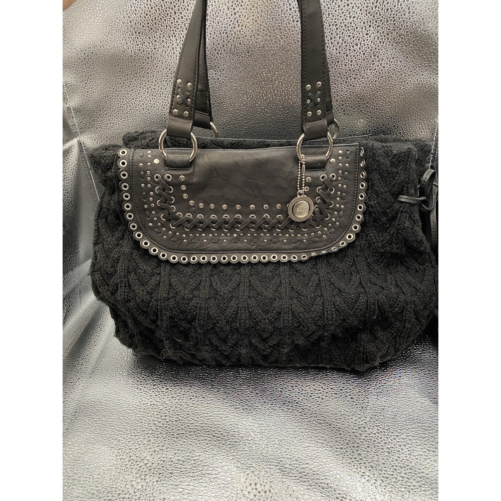 The Sak Black Knit Studded Braided Shoulder Bag Brand Charm Magnetic Closure‎